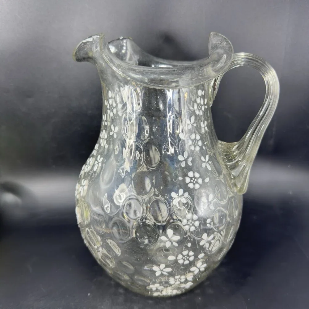 Antique Enameled Glass Pitcher Jug Hand Blown Optic Dot Manganese 365nm Green UV